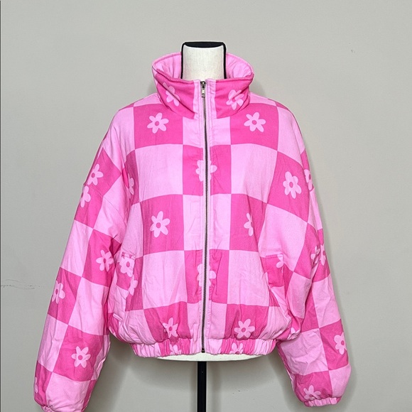 Floral Pink Checkered Women's Puffer Jacket - Picture 8 of 11
